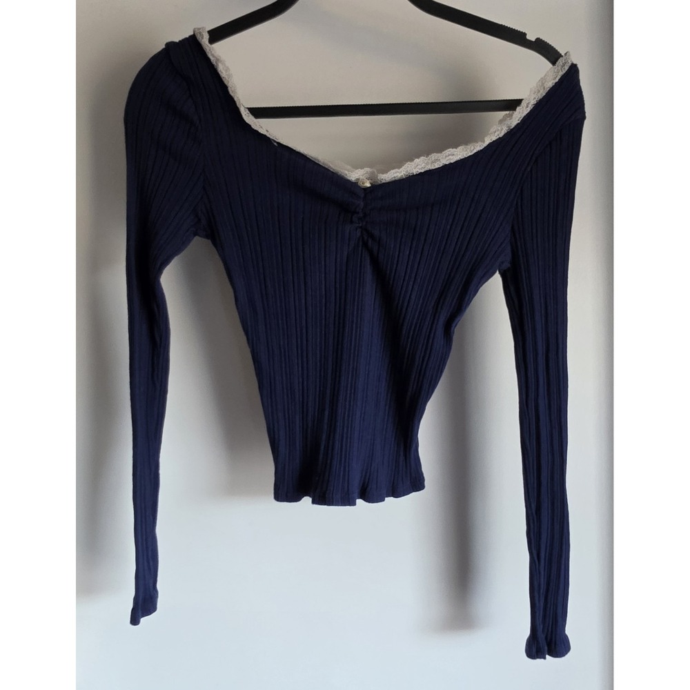 RSQ Dark Blue Ribbed Long Sleeve Scoop Neck Top Size L Shirt Blouse Y2K Style
